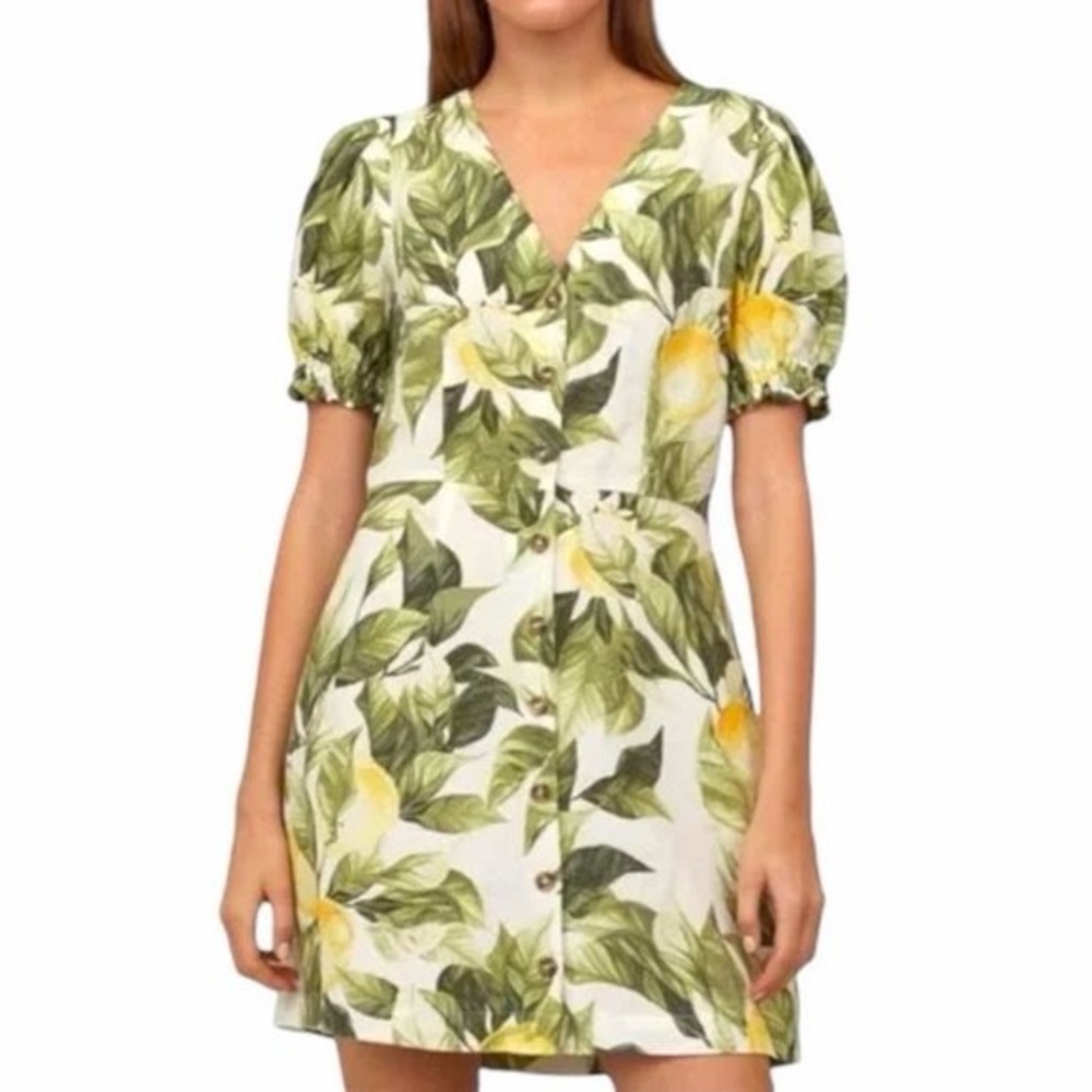 H&M Floral Lemon Print V-Neck Mini linen Dress S summer carefree girlhoodcore